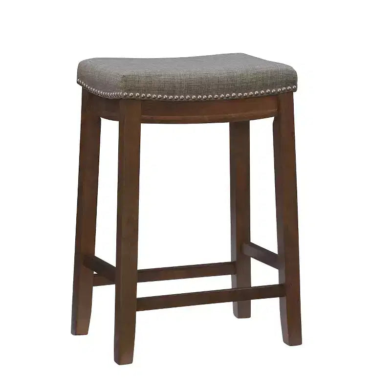 Counter Height Barstool Rustic Brown Natural Linen Upholstered Backless