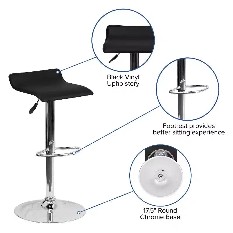 Contemporary Vinyl Adjustable Height Barstool with Solid Wave Seat and Chrome Base