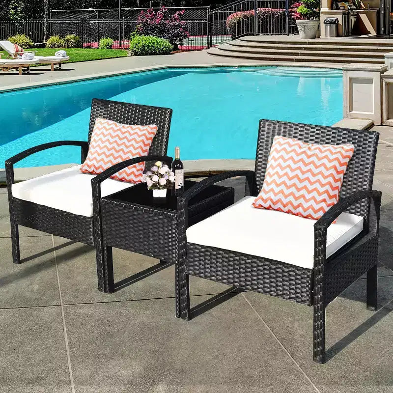 Costway Ensemble mobilier de jardin en rotin 3 pièces Table et chaises avec coussins pour l'extérieur