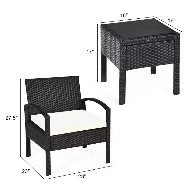 Costway Ensemble mobilier de jardin en rotin 3 pièces Table et chaises avec coussins pour l'extérieur