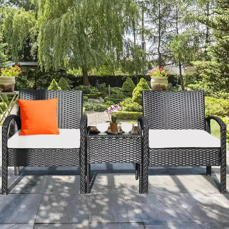 Costway Ensemble mobilier de jardin en rotin 3 pièces Table et chaises avec coussins pour l'extérieur