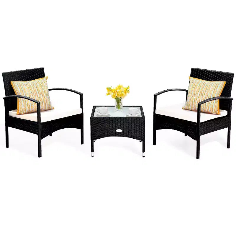 Ensemble de mobilier 3 pièces Costway Table et 2 chaises en rotin tressé pour patio avec coussins