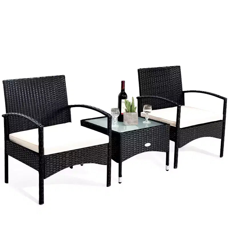 Ensemble de mobilier 3 pièces Costway Table et 2 chaises en rotin tressé pour patio avec coussins