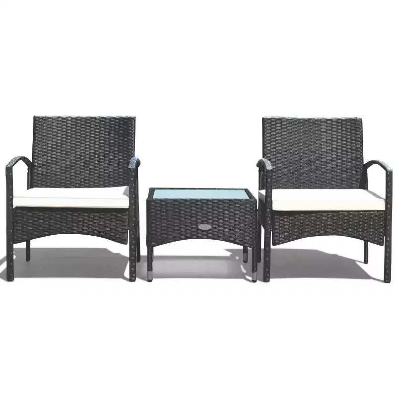 Ensemble de mobilier 3 pièces Costway Table et 2 chaises en rotin tressé pour patio avec coussins