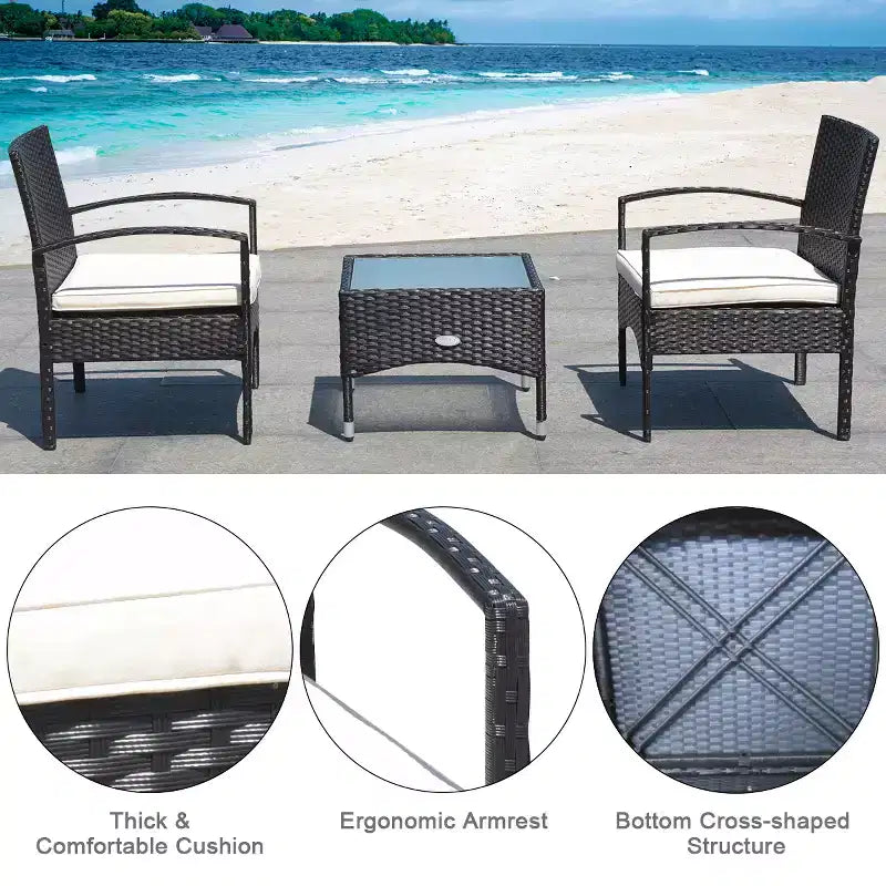 Ensemble de mobilier 3 pièces Costway Table et 2 chaises en rotin tressé pour patio avec coussins