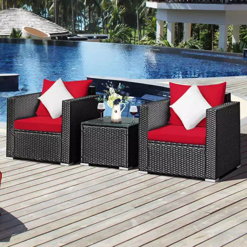Costway Ensemble de Meubles de Jardin en Rotin 3 pièces Table Basse avec Coussins Rouge\Turquoise\Bleu Marine\Noir