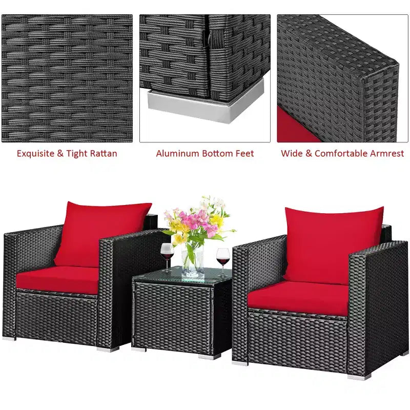 Costway Ensemble de Meubles de Jardin en Rotin 3 pièces Table Basse avec Coussins Rouge\Turquoise\Bleu Marine\Noir
