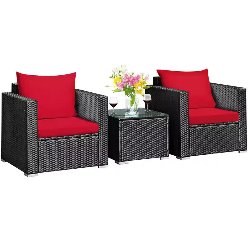 Costway Ensemble de Meubles de Jardin en Rotin 3 pièces Table Basse avec Coussins Rouge\Turquoise\Bleu Marine\Noir