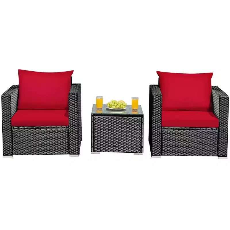 Costway Ensemble de Meubles de Jardin en Rotin 3 pièces Table Basse avec Coussins Rouge\Turquoise\Bleu Marine\Noir