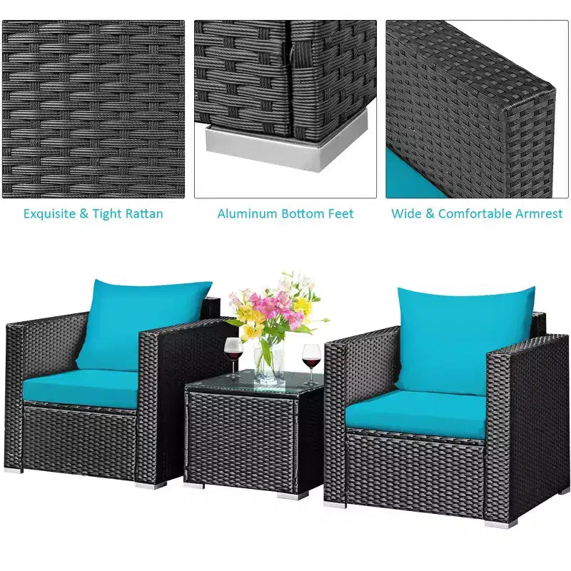 Costway Ensemble de Meubles de Jardin en Rotin 3 pièces Table Basse avec Coussins Rouge\Turquoise\Bleu Marine\Noir
