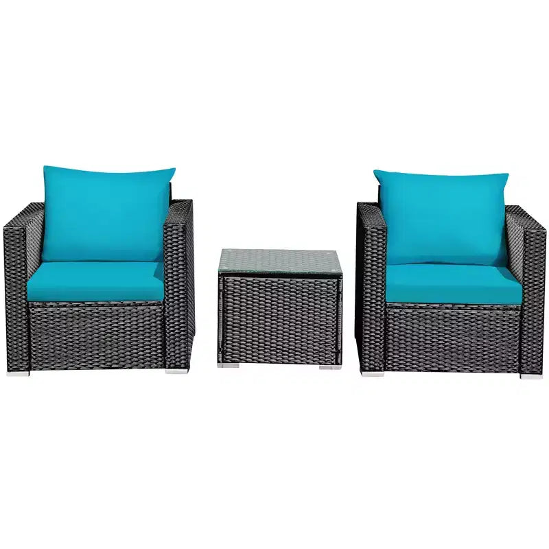 Costway Ensemble de Meubles de Jardin en Rotin 3 pièces Table Basse avec Coussins Rouge\Turquoise\Bleu Marine\Noir