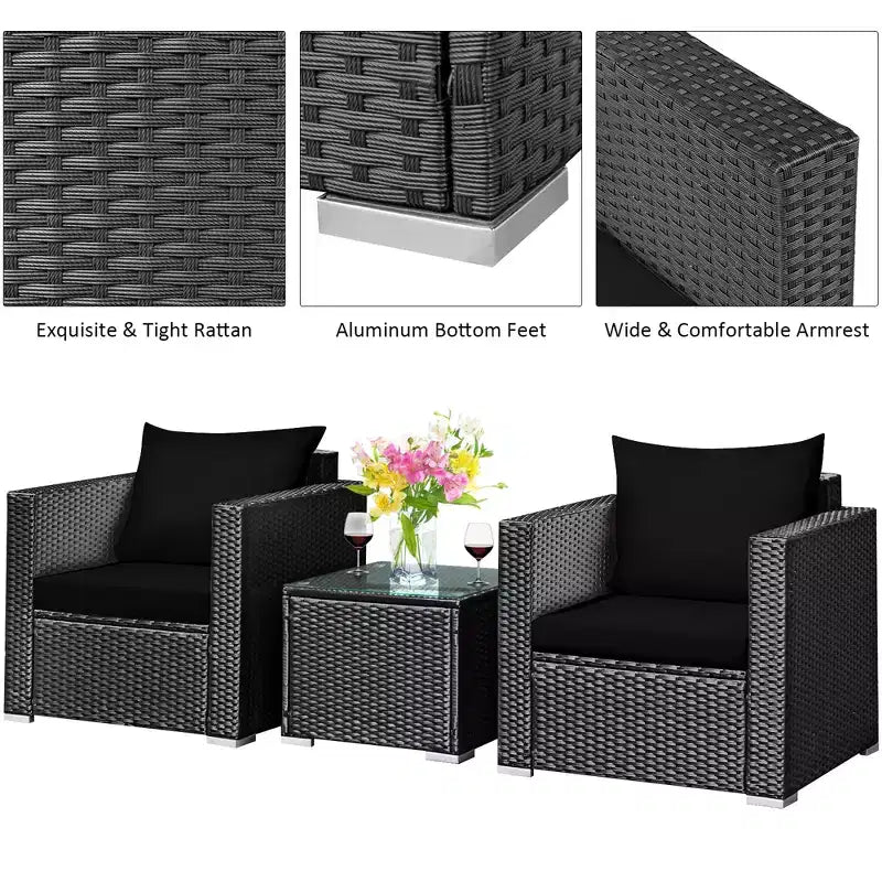 Costway Ensemble de Meubles de Jardin en Rotin 3 pièces Table Basse avec Coussins Rouge\Turquoise\Bleu Marine\Noir