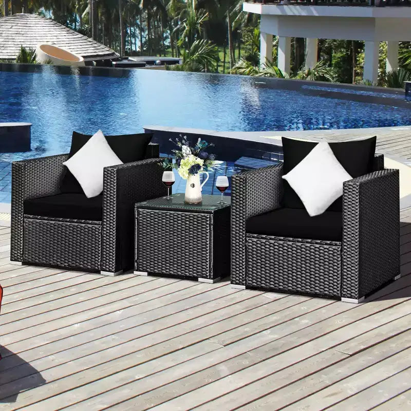Costway Ensemble de Meubles de Jardin en Rotin 3 pièces Table Basse avec Coussins Rouge\Turquoise\Bleu Marine\Noir