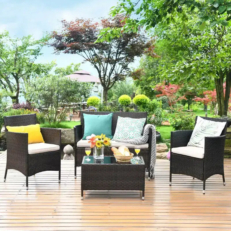 Costway Ensemble de Meubles de Jardin 8 Pièces en Rotin Canapé Rembourré Chaise Table Basse Rouge\Marron\Turquoise