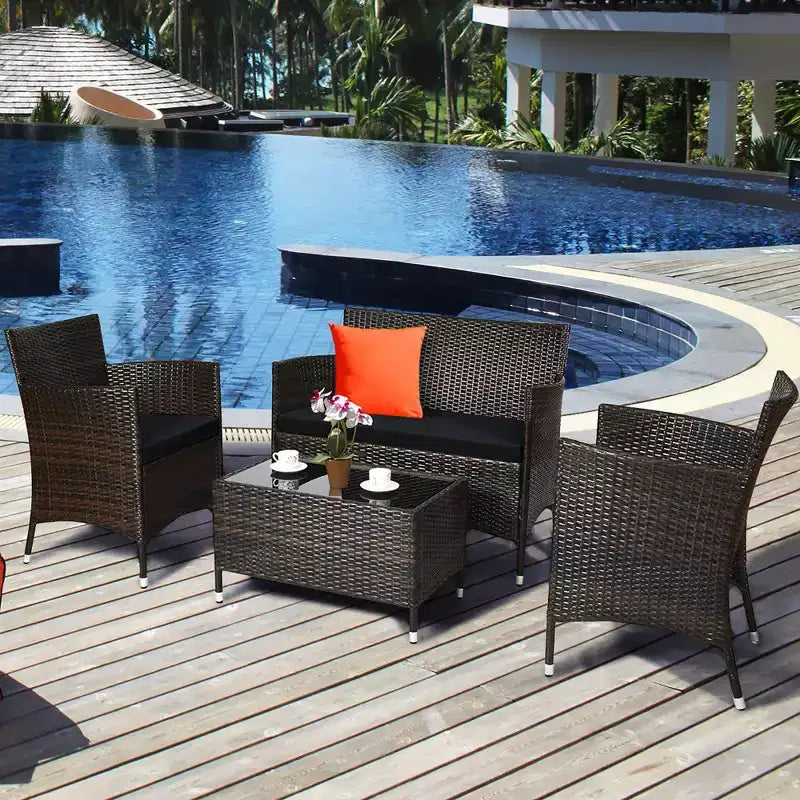 Costway Ensemble de Meubles de Jardin 8 Pièces en Rotin Canapé Rembourré Chaise Table Basse Rouge\Marron\Turquoise