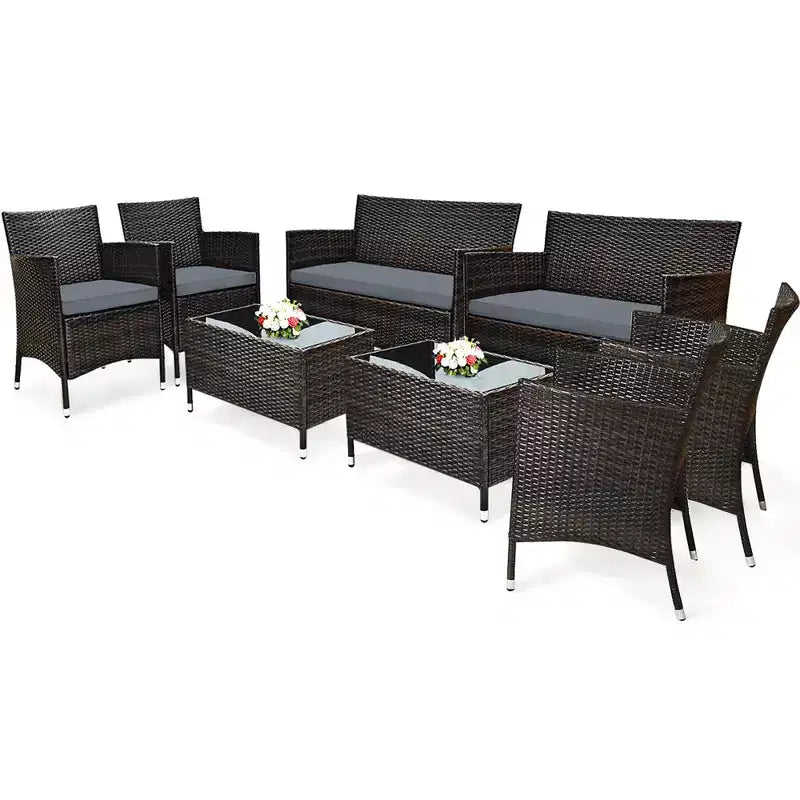 Costway Ensemble de Meubles de Jardin 8 Pièces en Rotin Canapé Rembourré Chaise Table Basse Rouge\Marron\Turquoise