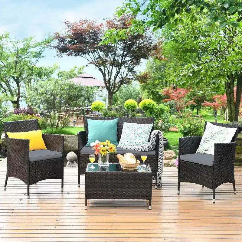 Costway Ensemble de Meubles de Jardin 8 Pièces en Rotin Canapé Rembourré Chaise Table Basse Rouge\Marron\Turquoise
