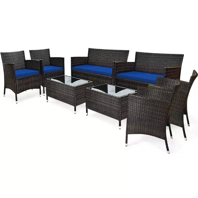 Costway Ensemble de Meubles de Jardin 8 Pièces en Rotin Canapé Rembourré Chaise Table Basse Rouge\Marron\Turquoise