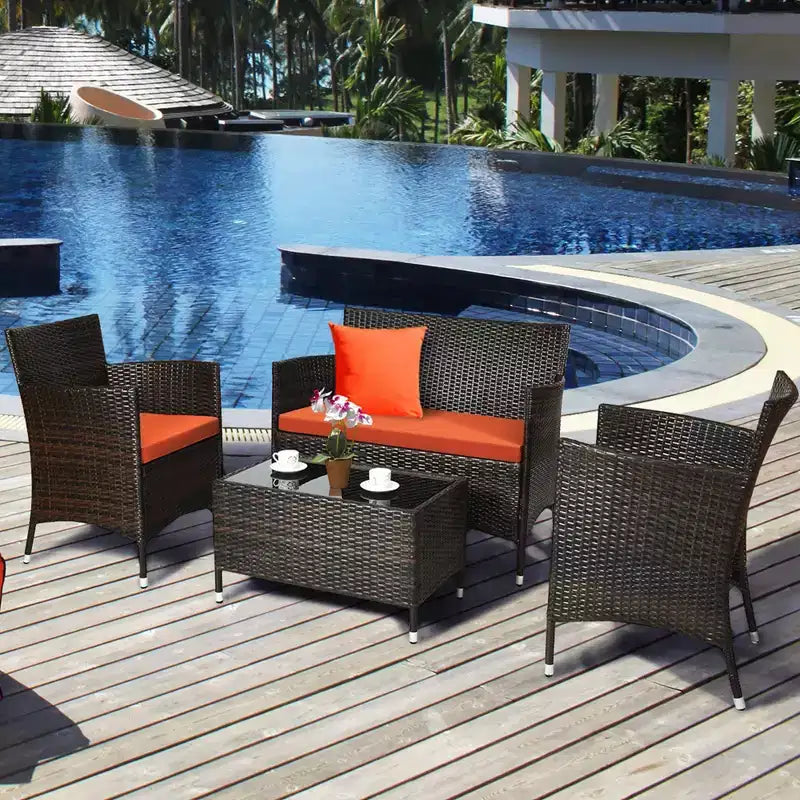 Costway Ensemble de Meubles de Jardin 8 Pièces en Rotin Canapé Rembourré Chaise Table Basse Rouge\Marron\Turquoise