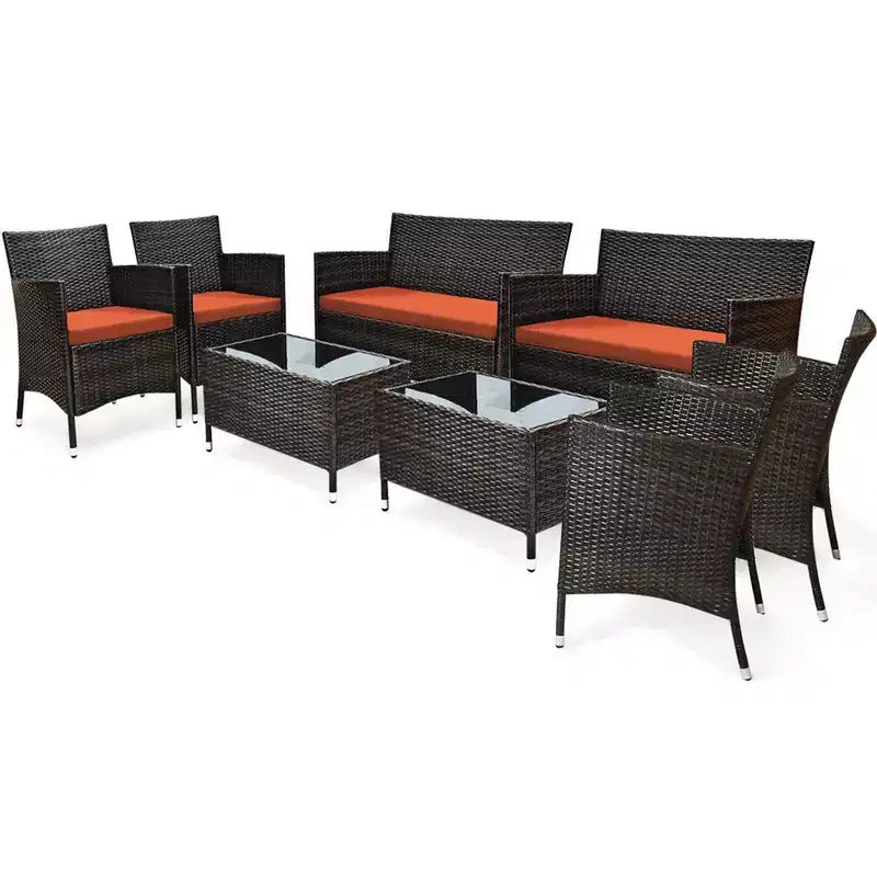 Costway Ensemble de Meubles de Jardin 8 Pièces en Rotin Canapé Rembourré Chaise Table Basse Rouge\Marron\Turquoise