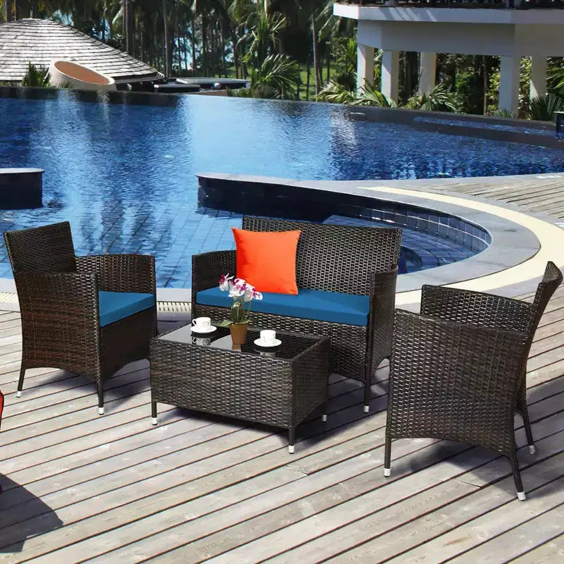 Costway Ensemble de Meubles de Jardin 8 Pièces en Rotin Canapé Rembourré Chaise Table Basse Rouge\Marron\Turquoise