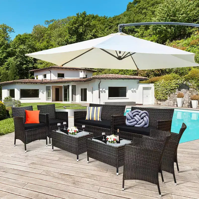 Costway 8PCS Rattan Patio Furniture Set Cushioned Sofa Chair Coffee Table Red\Brown\Turquoise