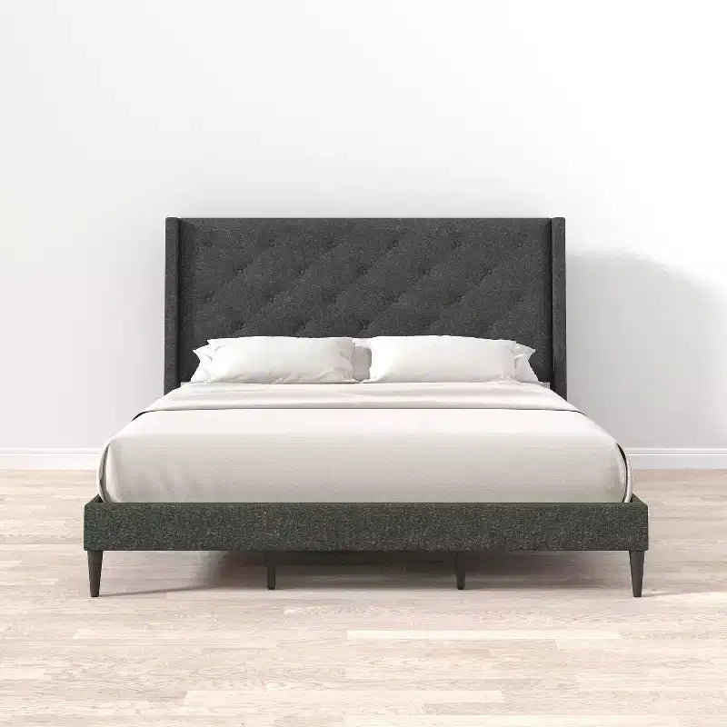 Button-Tufted Wingback Platform Bed Frame No Box Spring Needed Easy Assembly