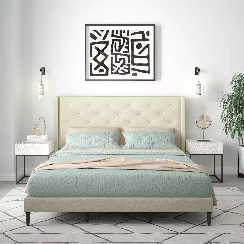 Button-Tufted Wingback Platform Bed Frame No Box Spring Needed Easy Assembly