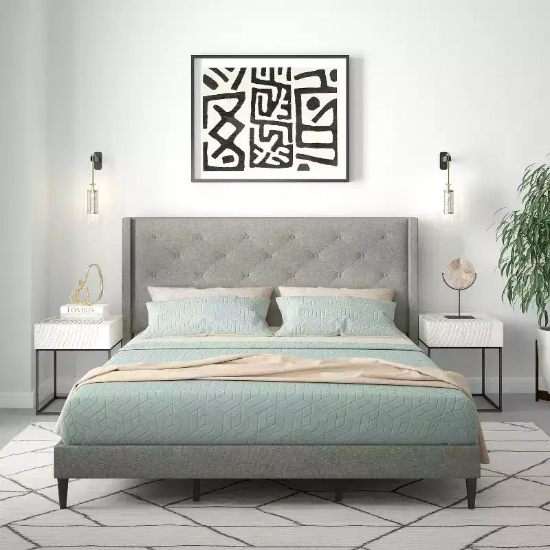 Button-Tufted Wingback Platform Bed Frame No Box Spring Needed Easy Assembly