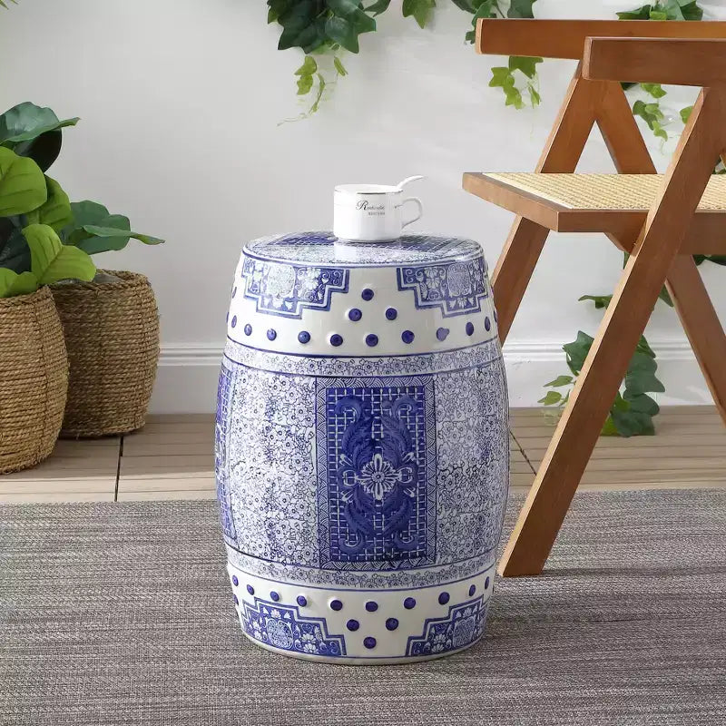17.8" Chinoiserie Ceramic Drum Garden Stool Accent Table Blue/White
