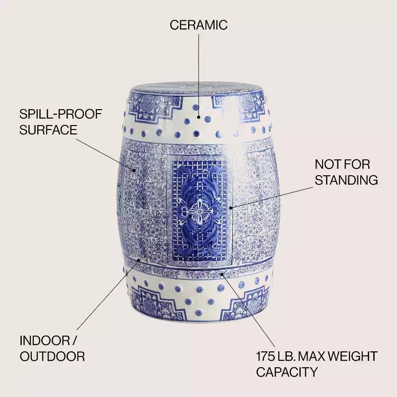 17.8" Chinoiserie Ceramic Drum Garden Stool Accent Table Blue/White