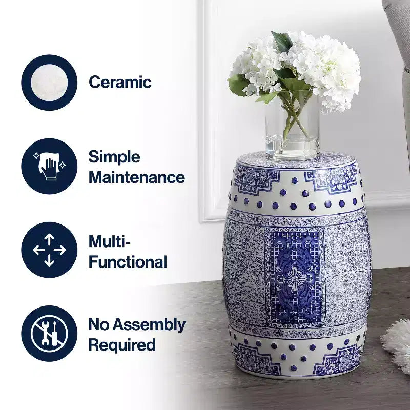 17.8" Chinoiserie Ceramic Drum Garden Stool Accent Table Blue/White