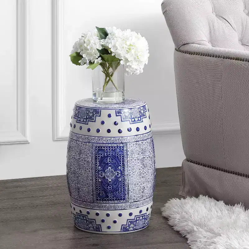 17.8" Chinoiserie Ceramic Drum Garden Stool Accent Table Blue/White