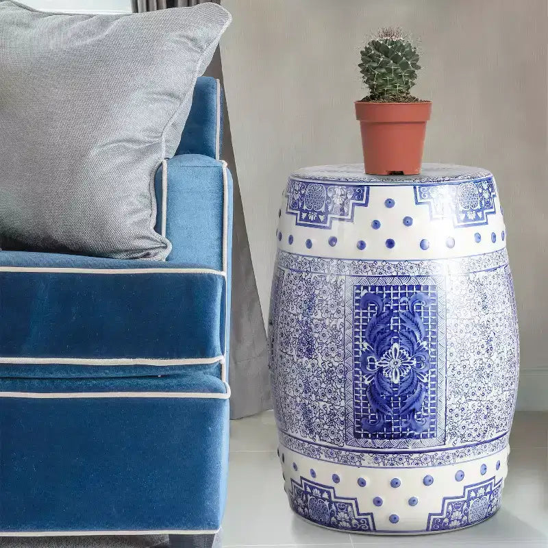 17.8" Chinoiserie Ceramic Drum Garden Stool Accent Table Blue/White
