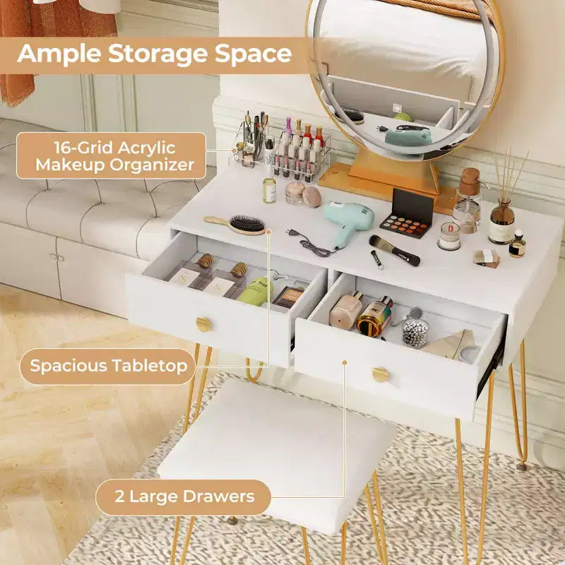 Vanity Makeup Dressing Table with 3 Lighting Modes Mirror Touch Switch White