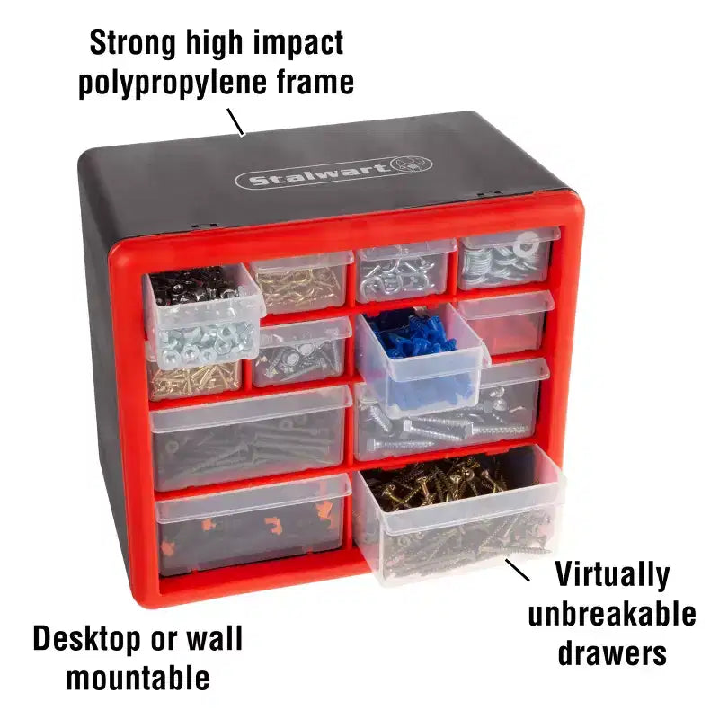 12-Drawer Storage Cabinet Plastic Organizer with 4 Large & 8 Small Compartments Desktop or Wall Mount for Hardware Crafts