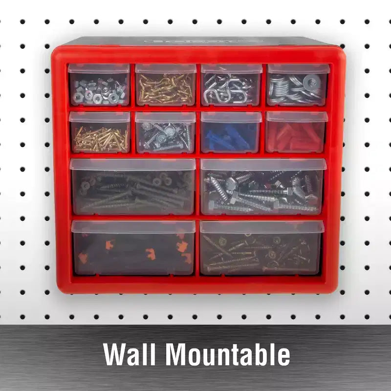 12-Drawer Storage Cabinet Plastic Organizer with 4 Large & 8 Small Compartments Desktop or Wall Mount for Hardware Crafts