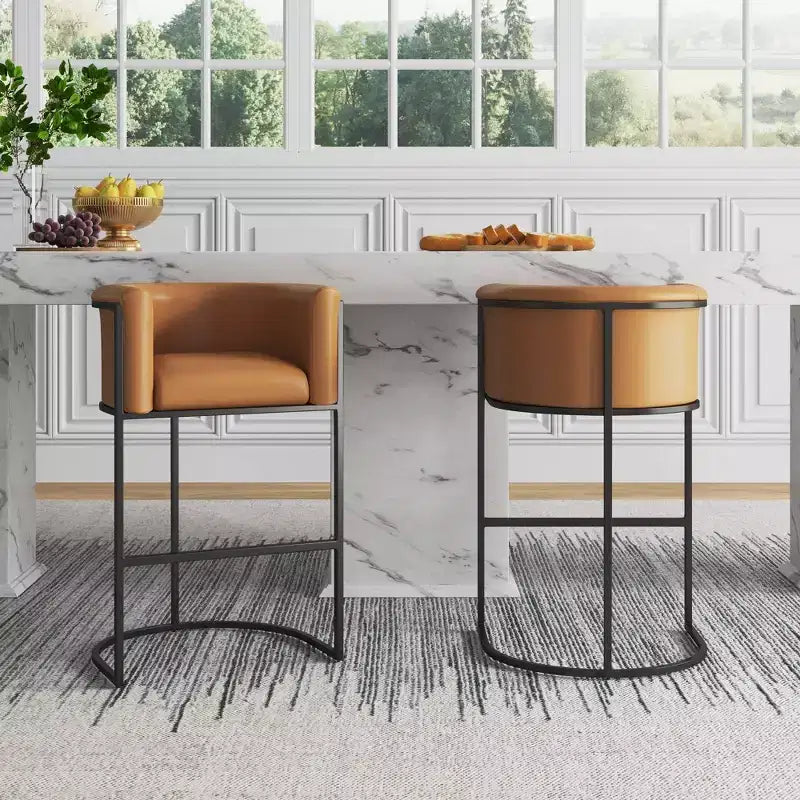 Mid-Century Modern Upholstered Metal Barstool Faux Leather 29.5" Seat