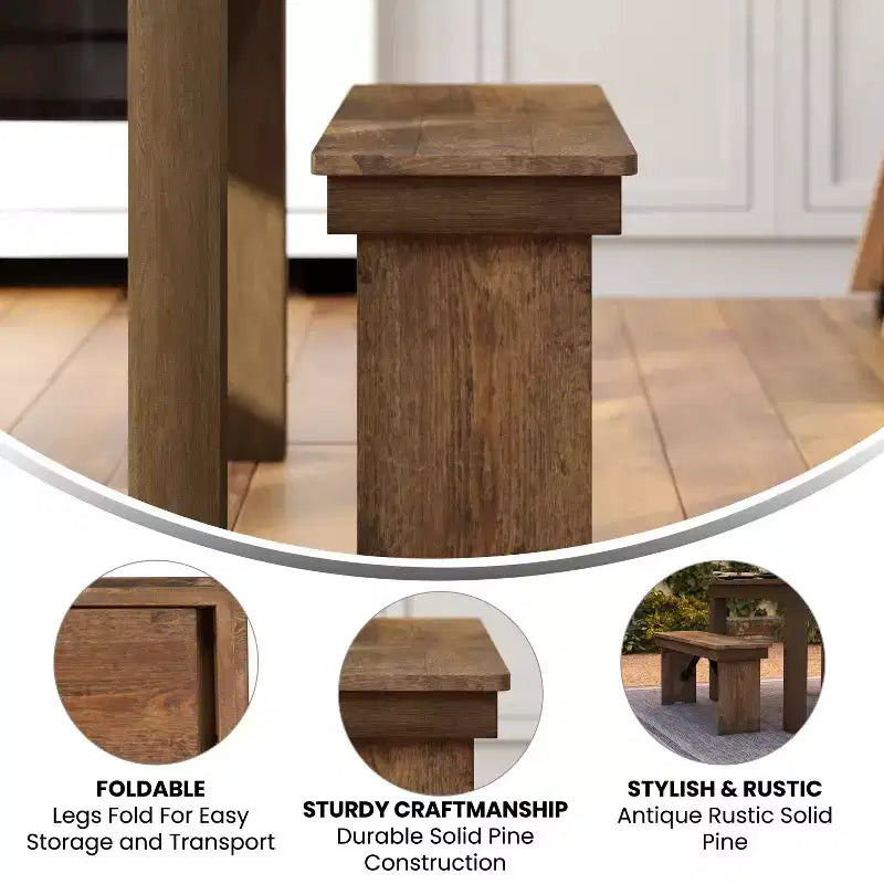 40 x 12 Antique Rustic Solid Pine Folding Farm Bench Portable