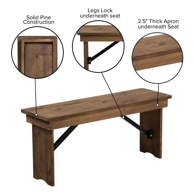 40 x 12 Antique Rustic Solid Pine Folding Farm Bench Portable