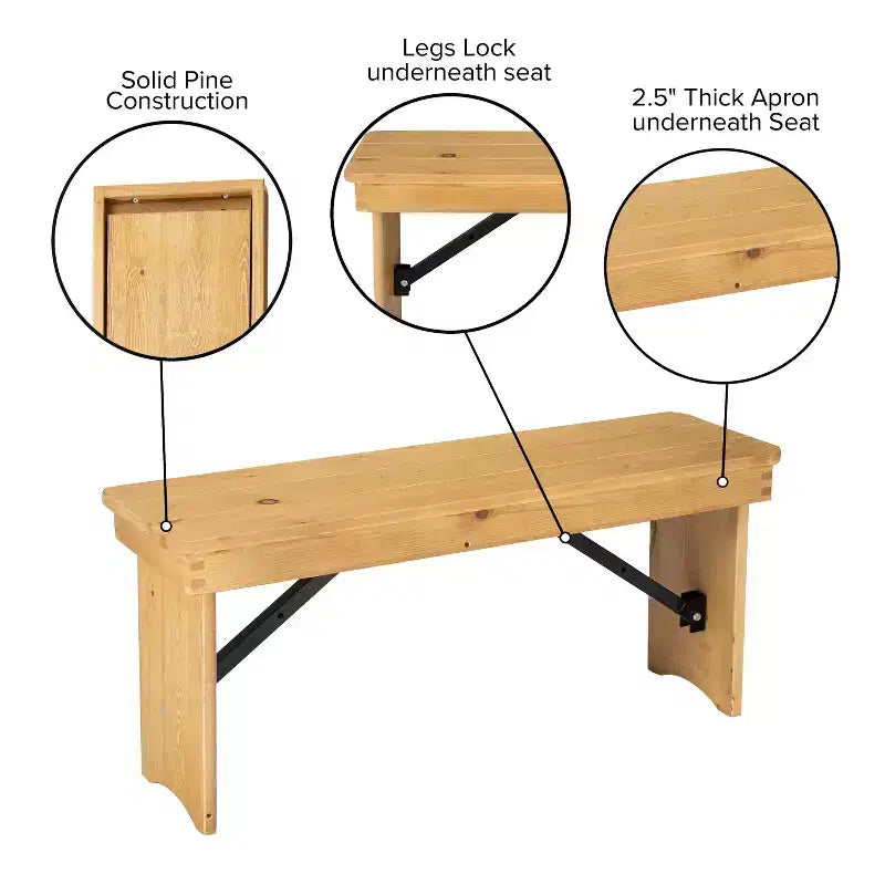 40 x 12 Antique Rustic Solid Pine Folding Farm Bench Portable