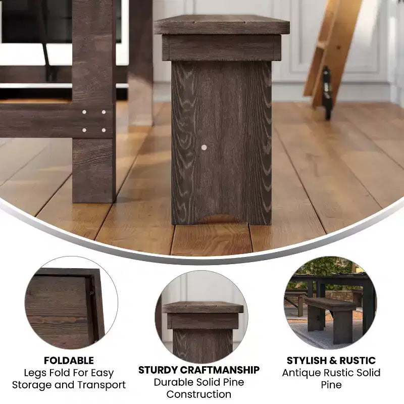 40 x 12 Antique Rustic Solid Pine Folding Farm Bench Portable