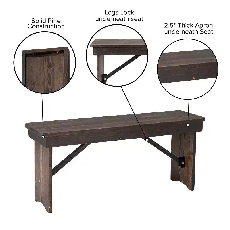 40 x 12 Antique Rustic Solid Pine Folding Farm Bench Portable