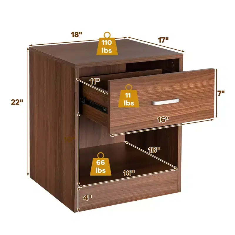 Modern Nightstand with Drawer and Open Shelf Black/Brown