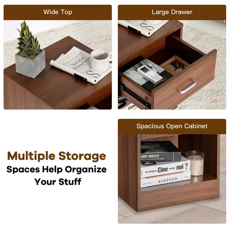 Modern Nightstand with Drawer and Open Shelf Black/Brown