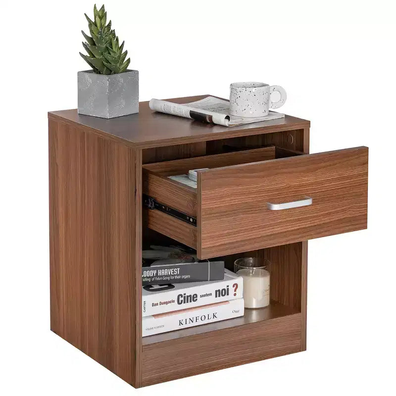 Modern Nightstand with Drawer and Open Shelf Black/Brown