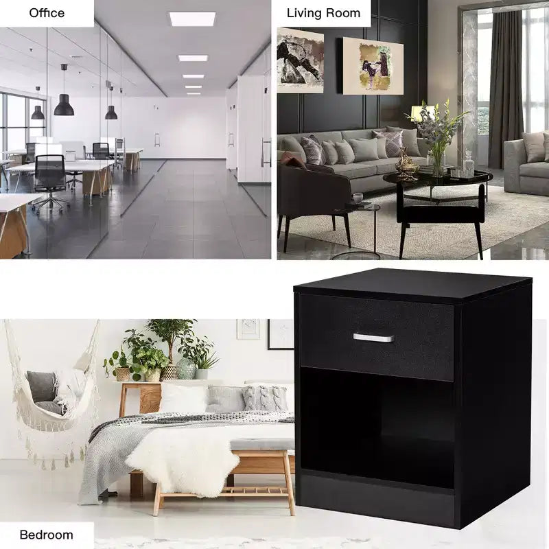 Modern Nightstand with Drawer and Open Shelf Black/Brown