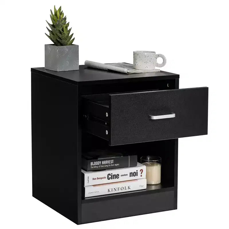 Modern Nightstand with Drawer and Open Shelf Black/Brown