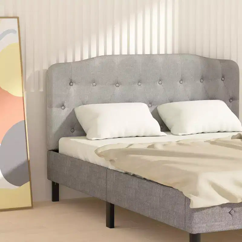 Queen Upholstered Headboard Adjustable Button Tufted Faux Linen Light Grey
