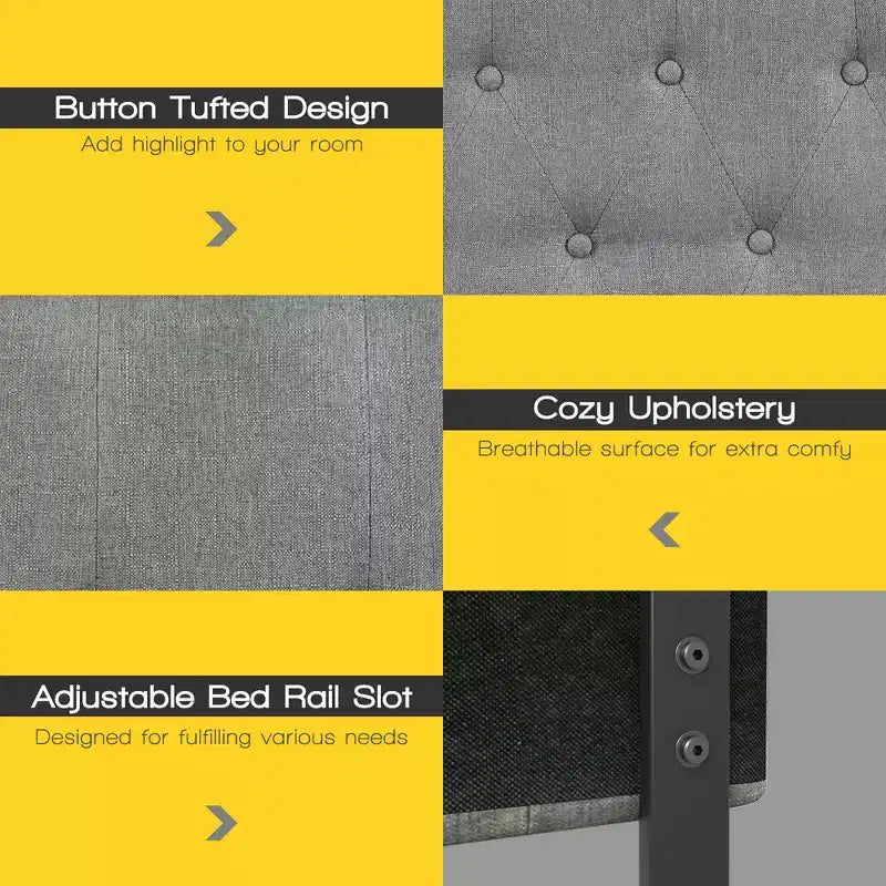 Queen Upholstered Headboard Adjustable Button Tufted Faux Linen Light Grey